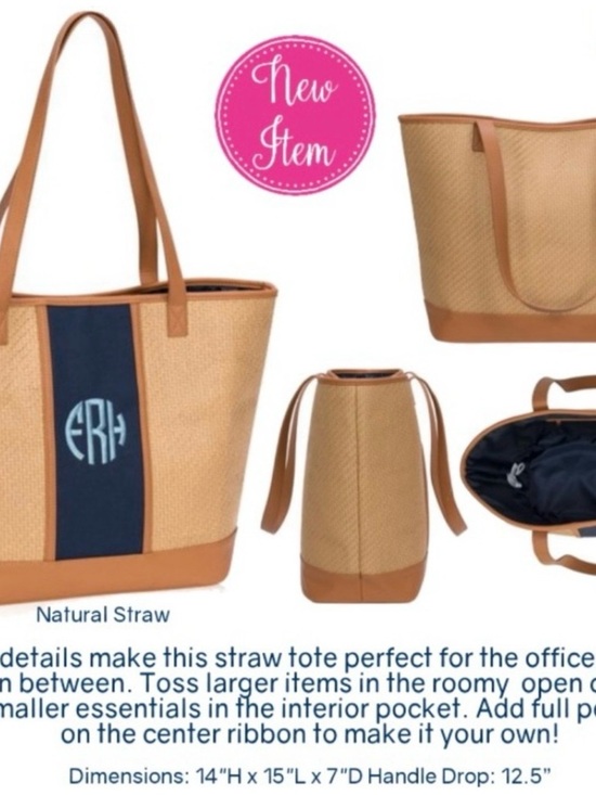 Handbags - Monogrammable Natural Straw Tote with Navy Center Panel
